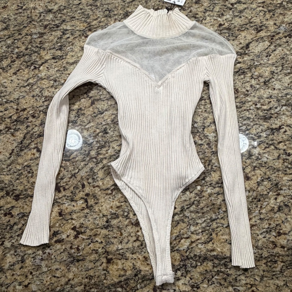 NEW Zara Ribbed Mesh High Neck Bodysuit Cream Long Sleeve Size M ws